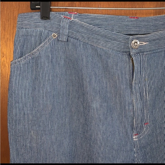 Women’s L Vintage SAG HARBOR SPORT Railroad Blue Striped Cropped Carpenter Pants - Picture 2 of 14